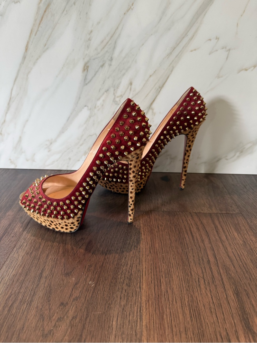 Christian Louboutin Red Studded Leopard-Trim High Heel Pumps